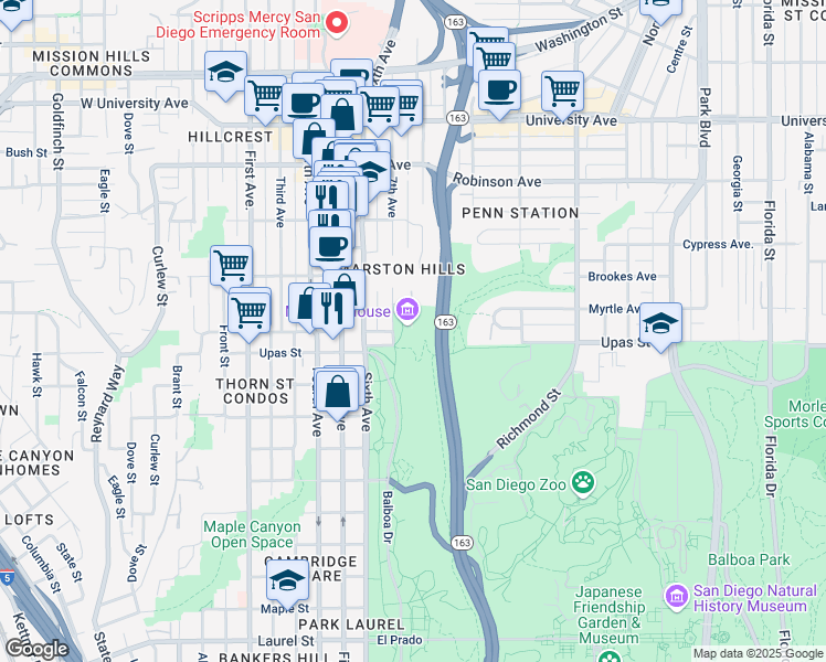 map of restaurants, bars, coffee shops, grocery stores, and more near 3525 7th Avenue in San Diego