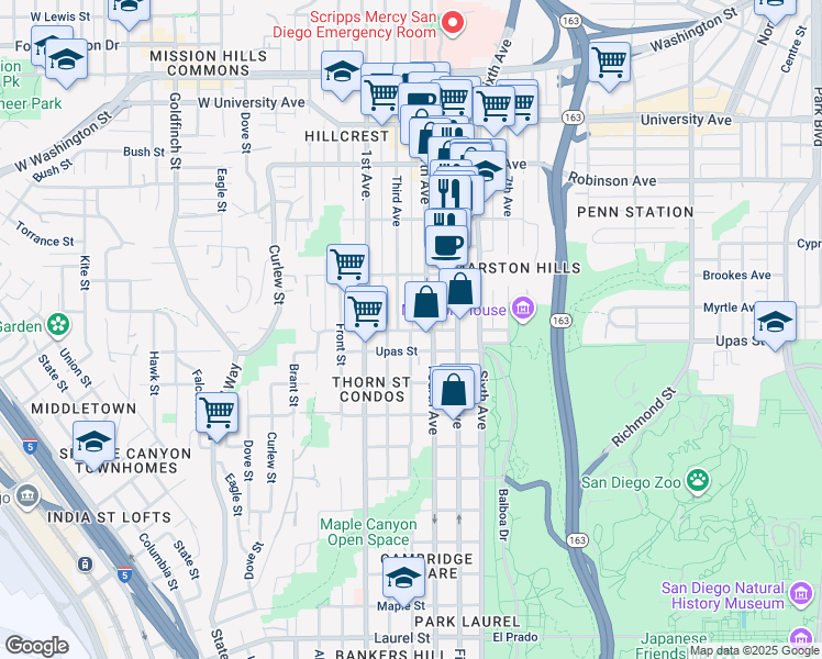 map of restaurants, bars, coffee shops, grocery stores, and more near 3520 Fourth Avenue in San Diego