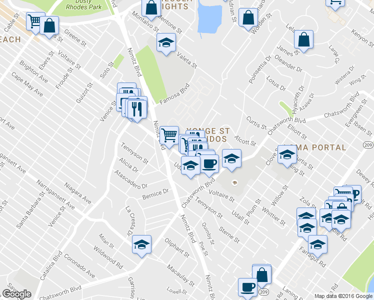 map of restaurants, bars, coffee shops, grocery stores, and more near 2253 Worden Street in San Diego