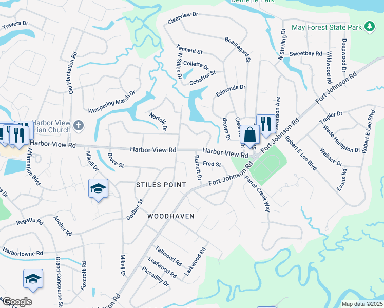 map of restaurants, bars, coffee shops, grocery stores, and more near 686 Harbor View Road in Charleston