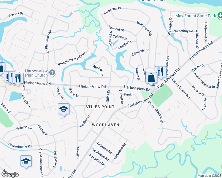 map of restaurants, bars, coffee shops, grocery stores, and more near 686 Harbor View Road in Charleston