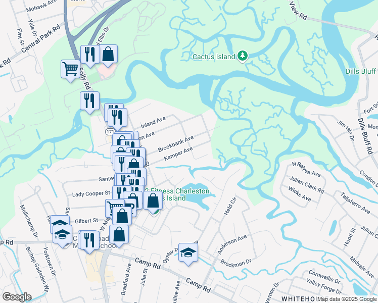 map of restaurants, bars, coffee shops, grocery stores, and more near 1502 Kemper Avenue in Charleston