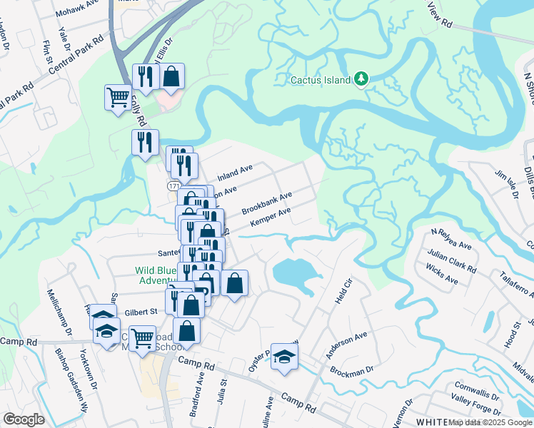 map of restaurants, bars, coffee shops, grocery stores, and more near 1526 Brookbank Avenue in Charleston