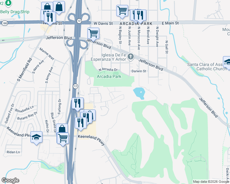 map of restaurants, bars, coffee shops, grocery stores, and more near 3302 South Arcadia Drive in Dallas