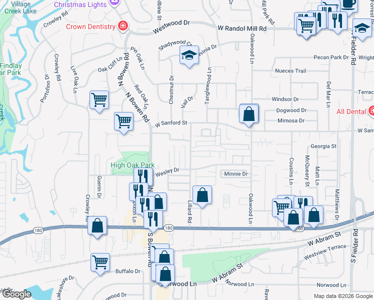 map of restaurants, bars, coffee shops, grocery stores, and more near 2300 Oak Manor in Arlington