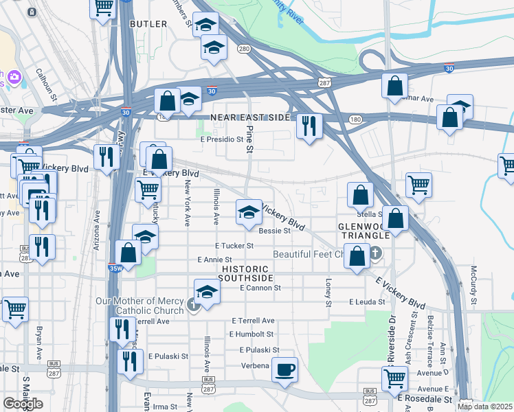 map of restaurants, bars, coffee shops, grocery stores, and more near 1225 East Broadway Avenue in Fort Worth