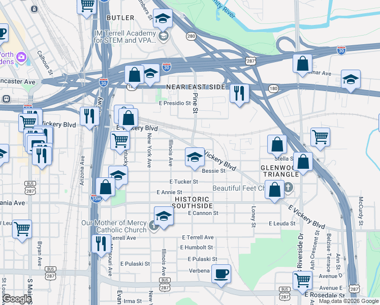 map of restaurants, bars, coffee shops, grocery stores, and more near 1131 East Broadway Avenue in Fort Worth
