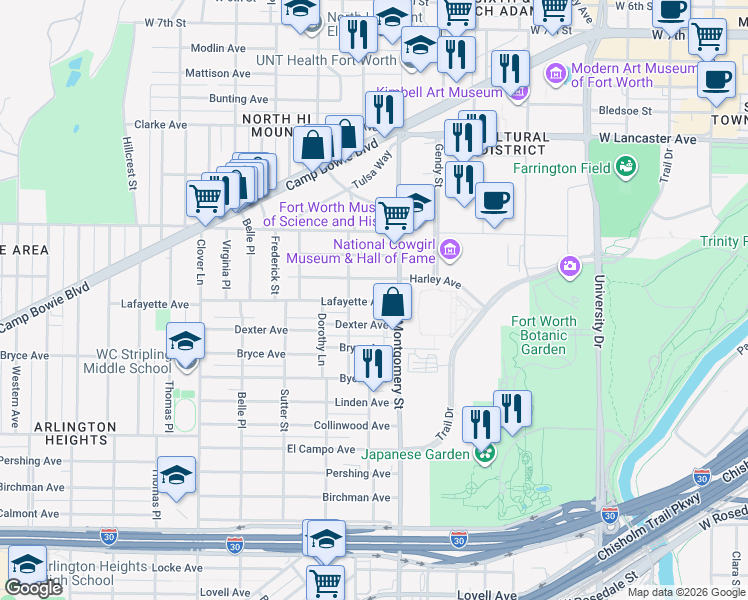map of restaurants, bars, coffee shops, grocery stores, and more near 3621 Harley Avenue in Fort Worth