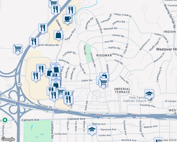 map of restaurants, bars, coffee shops, grocery stores, and more near 1708 Aden Road in Fort Worth