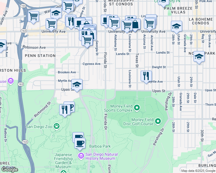 map of restaurants, bars, coffee shops, grocery stores, and more near 3405 Florida Street in San Diego