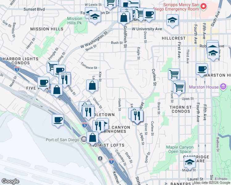 map of restaurants, bars, coffee shops, grocery stores, and more near 3445 Ibis Street in San Diego