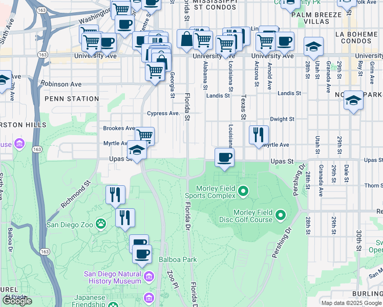 map of restaurants, bars, coffee shops, grocery stores, and more near 3405 Florida Street in San Diego