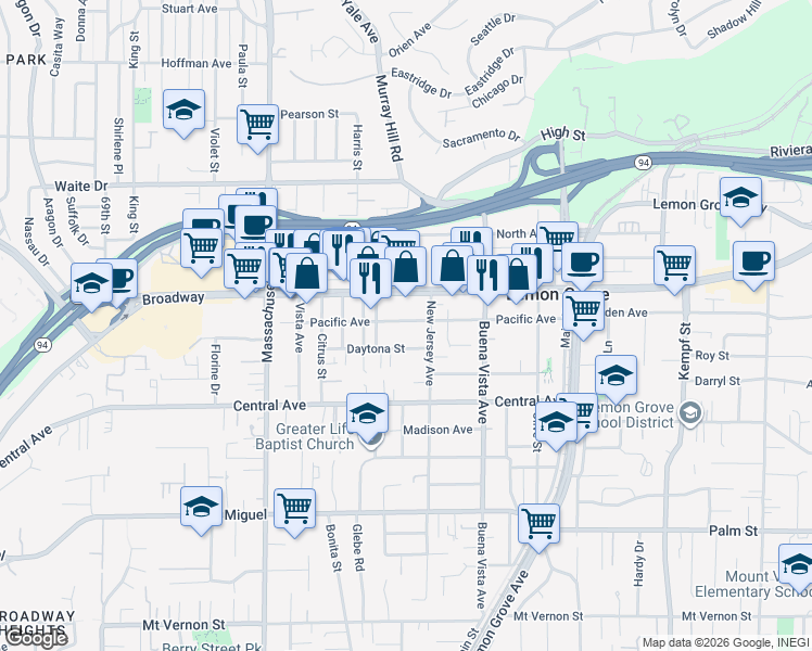 map of restaurants, bars, coffee shops, grocery stores, and more near 7456 Pacific Avenue in Lemon Grove