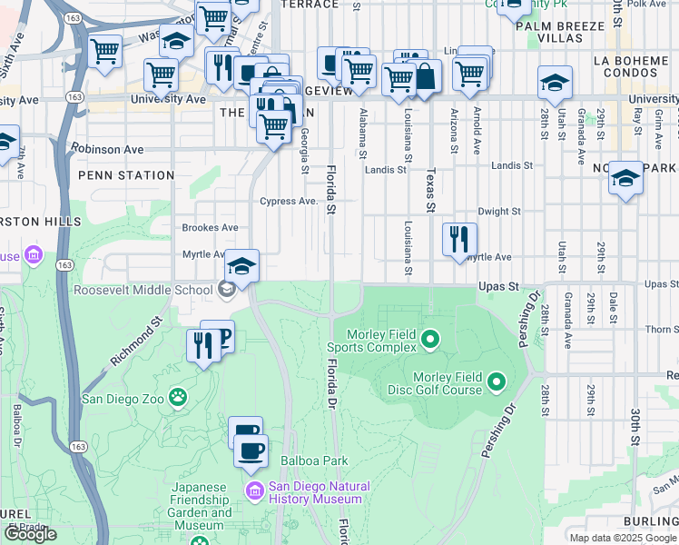 map of restaurants, bars, coffee shops, grocery stores, and more near 3405 Florida Street in San Diego