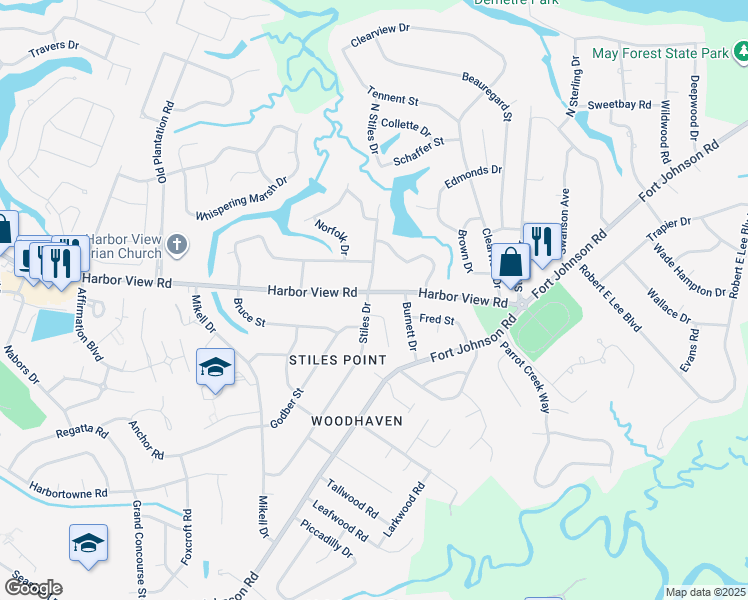 map of restaurants, bars, coffee shops, grocery stores, and more near 686 Harbor View Road in Charleston