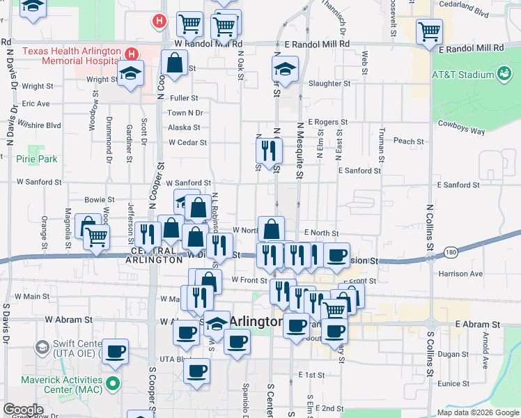 map of restaurants, bars, coffee shops, grocery stores, and more near 422 North Pecan Street in Arlington