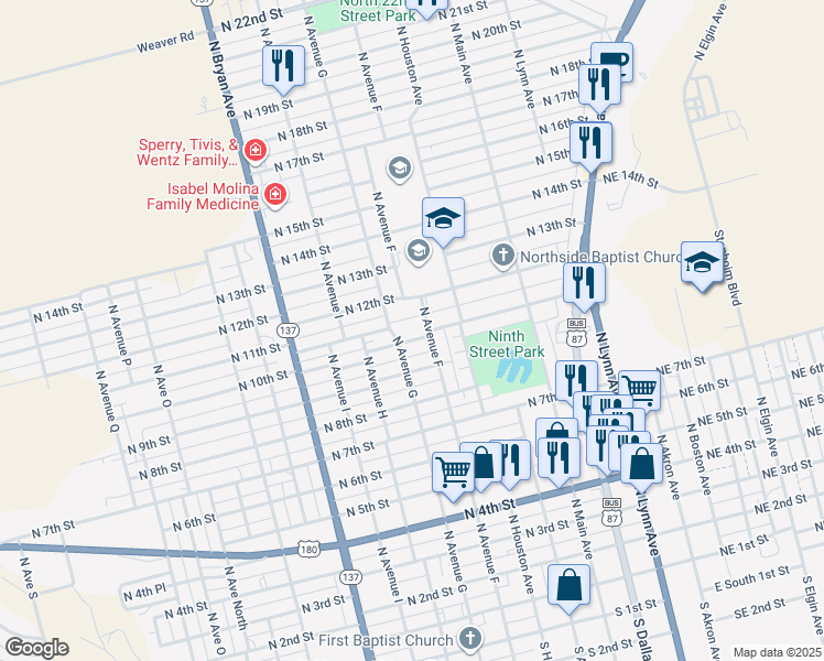 map of restaurants, bars, coffee shops, grocery stores, and more near 1305 North Avenue G in Lamesa