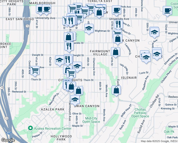 map of restaurants, bars, coffee shops, grocery stores, and more near 3419 45th Street in San Diego