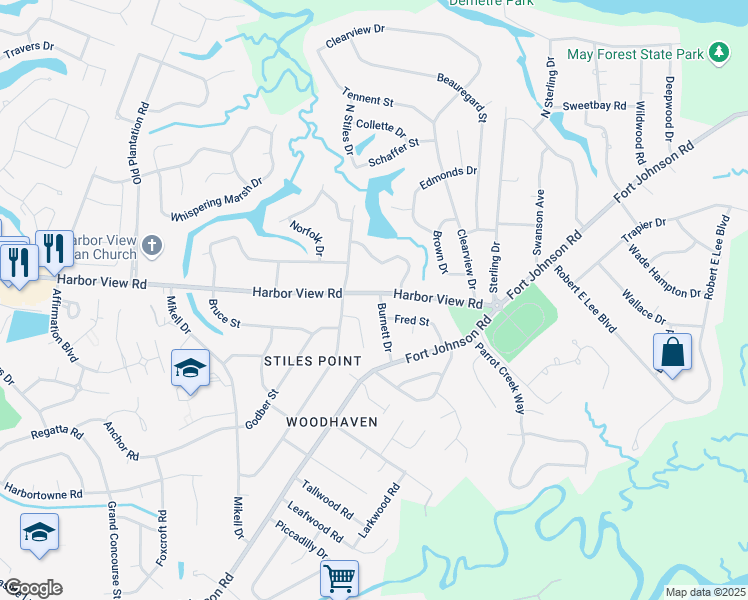 map of restaurants, bars, coffee shops, grocery stores, and more near 686 Harbor View Road in Charleston