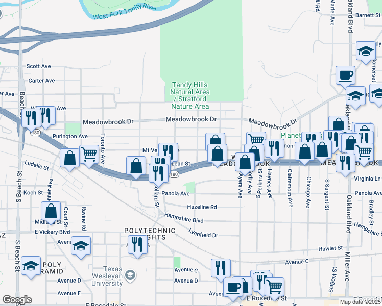 map of restaurants, bars, coffee shops, grocery stores, and more near 3430 Mount Vernon Avenue in Fort Worth