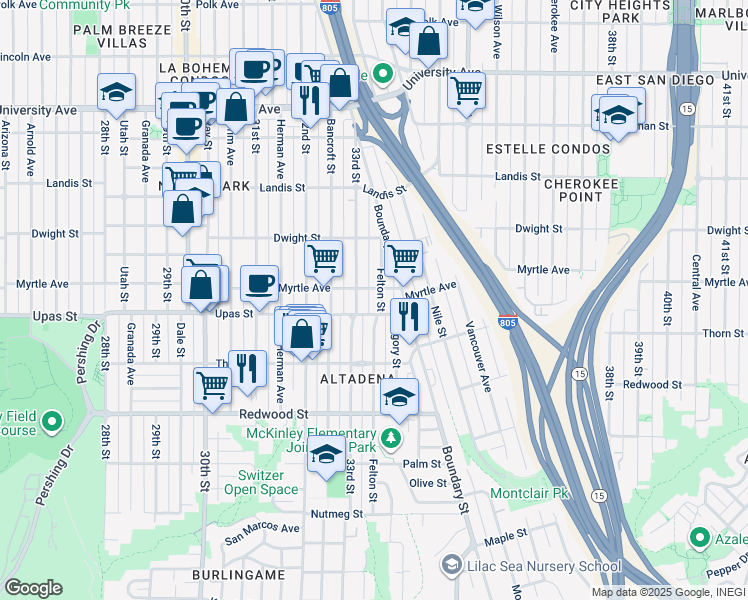 map of restaurants, bars, coffee shops, grocery stores, and more near 3352 Myrtle Avenue in San Diego