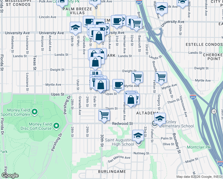map of restaurants, bars, coffee shops, grocery stores, and more near 3433 Grim Avenue in San Diego