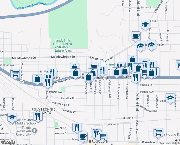map of restaurants, bars, coffee shops, grocery stores, and more near 2612 Forby Avenue in Fort Worth
