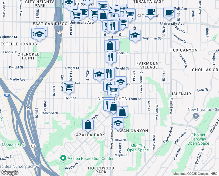 map of restaurants, bars, coffee shops, grocery stores, and more near 3412 Fairmount Avenue in San Diego