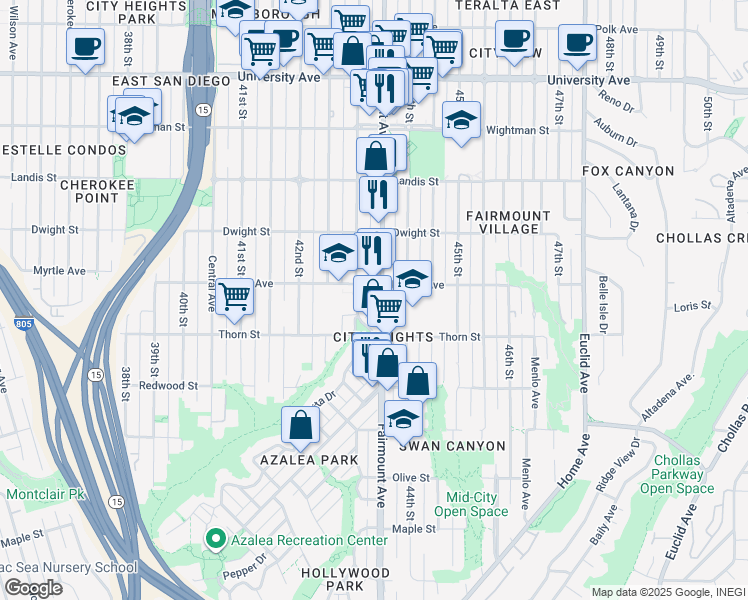 map of restaurants, bars, coffee shops, grocery stores, and more near 3412 Fairmount Avenue in San Diego