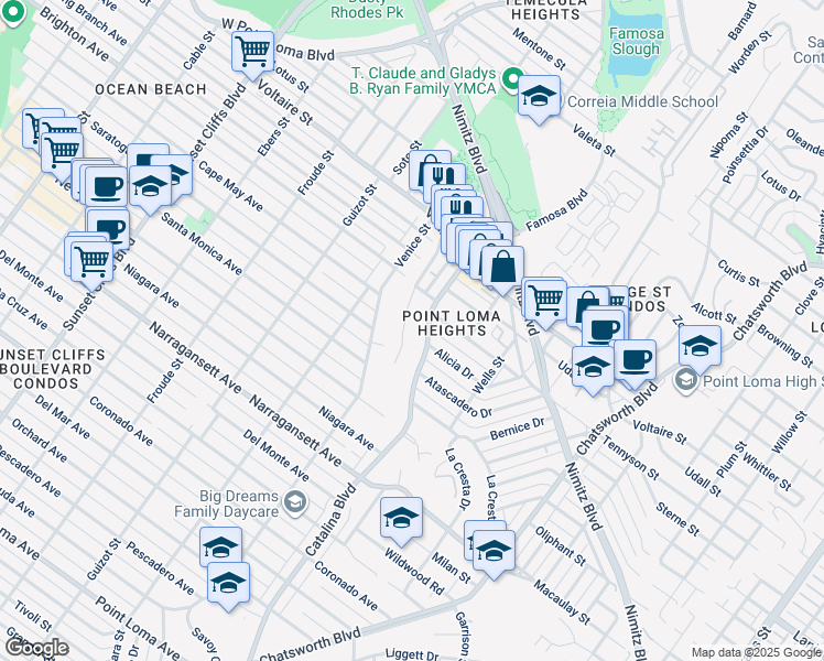 map of restaurants, bars, coffee shops, grocery stores, and more near 2019 Mendocino Boulevard in San Diego