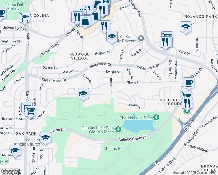 map of restaurants, bars, coffee shops, grocery stores, and more near 5951 Thorn Street in San Diego