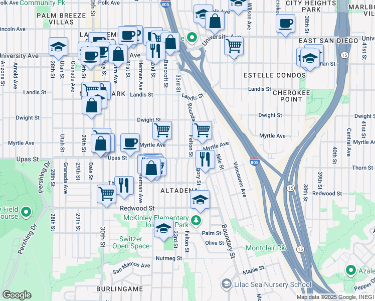map of restaurants, bars, coffee shops, grocery stores, and more near 3352 Myrtle Avenue in San Diego