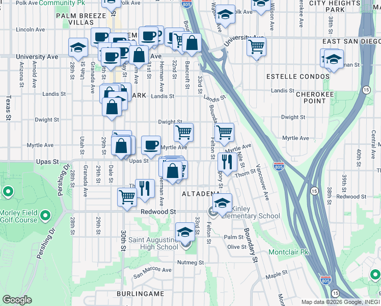 map of restaurants, bars, coffee shops, grocery stores, and more near 3504 33rd Street in San Diego