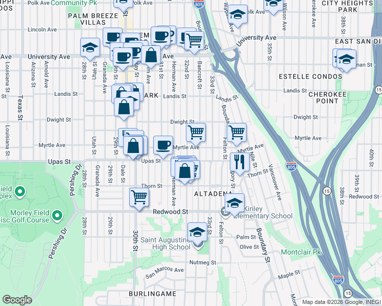 map of restaurants, bars, coffee shops, grocery stores, and more near 3215 Myrtle Avenue in San Diego