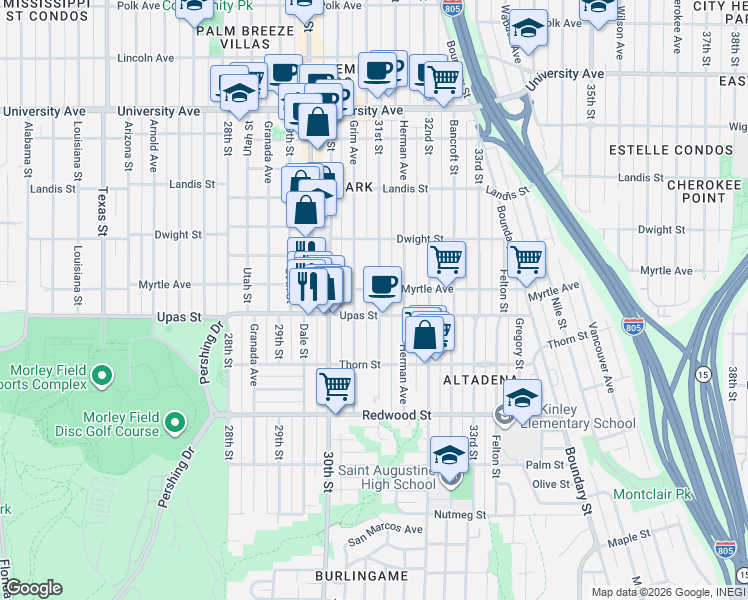 map of restaurants, bars, coffee shops, grocery stores, and more near 3080 Myrtle Avenue in San Diego