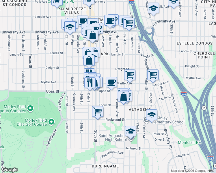 map of restaurants, bars, coffee shops, grocery stores, and more near 3080 Myrtle Avenue in San Diego