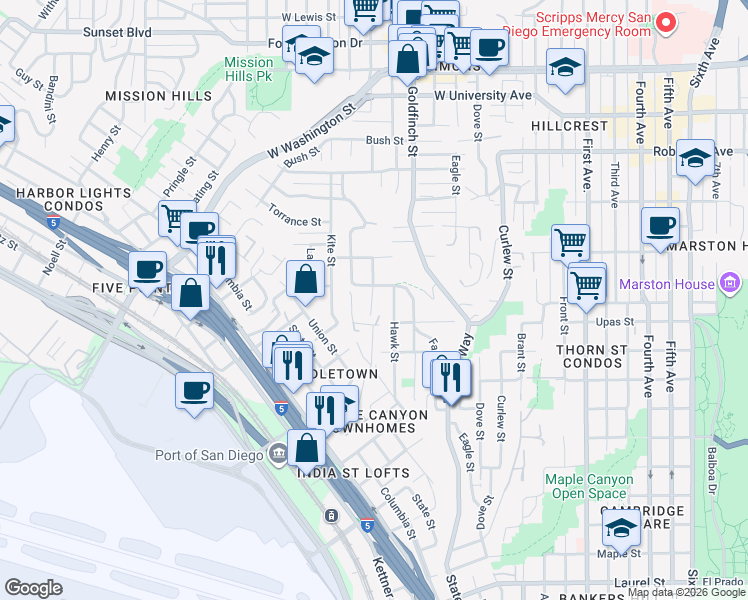 map of restaurants, bars, coffee shops, grocery stores, and more near 3462 Hawk Street in San Diego