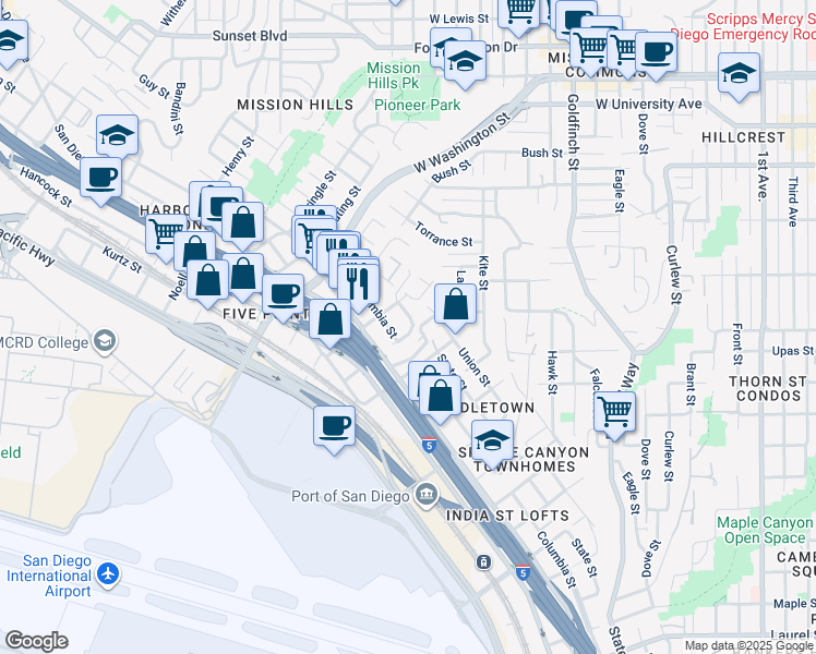 map of restaurants, bars, coffee shops, grocery stores, and more near 1617 Chalmers Street in San Diego