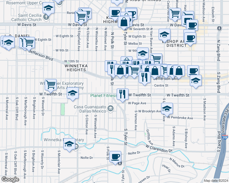 map of restaurants, bars, coffee shops, grocery stores, and more near 916 Centre Street in Dallas