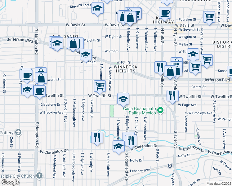 map of restaurants, bars, coffee shops, grocery stores, and more near 335 South Windomere Avenue in Dallas