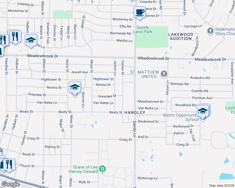map of restaurants, bars, coffee shops, grocery stores, and more near 2609 Janice Lane in Fort Worth