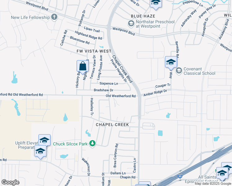 map of restaurants, bars, coffee shops, grocery stores, and more near 10360 Bradshaw Drive in Fort Worth