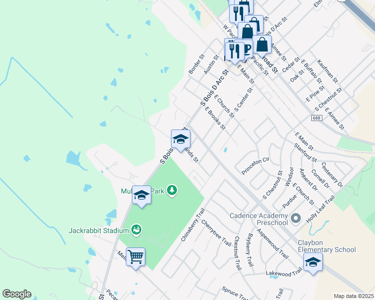 map of restaurants, bars, coffee shops, grocery stores, and more near 1054 Maple Avenue in Forney