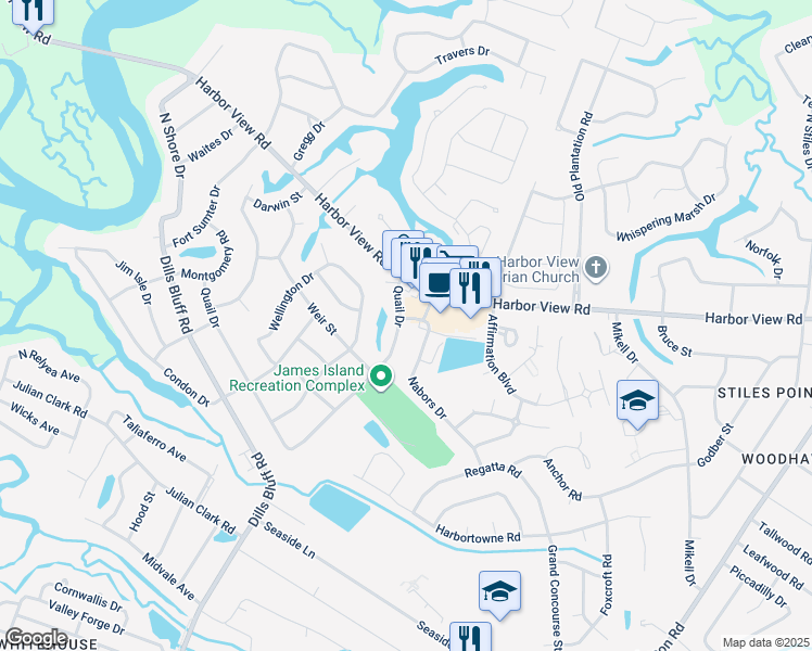 map of restaurants, bars, coffee shops, grocery stores, and more near 1058 Quail Drive in Charleston