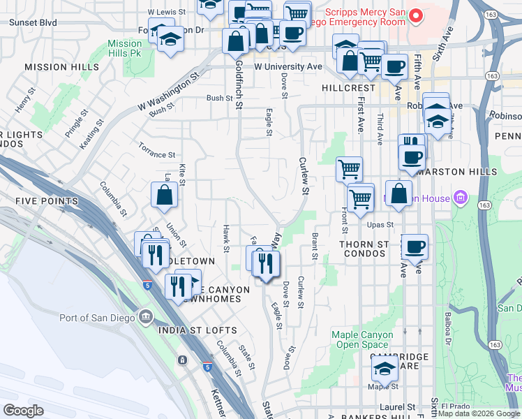 map of restaurants, bars, coffee shops, grocery stores, and more near 3476 Reynard Way in San Diego