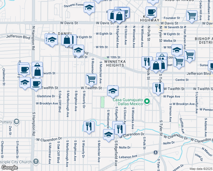 map of restaurants, bars, coffee shops, grocery stores, and more near 335 South Windomere Avenue in Dallas