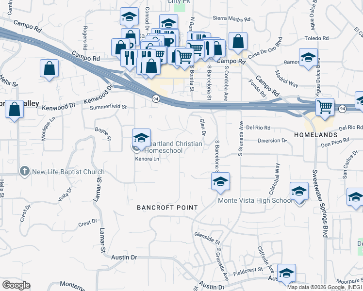 map of restaurants, bars, coffee shops, grocery stores, and more near 3254 South Bonita Street in Spring Valley