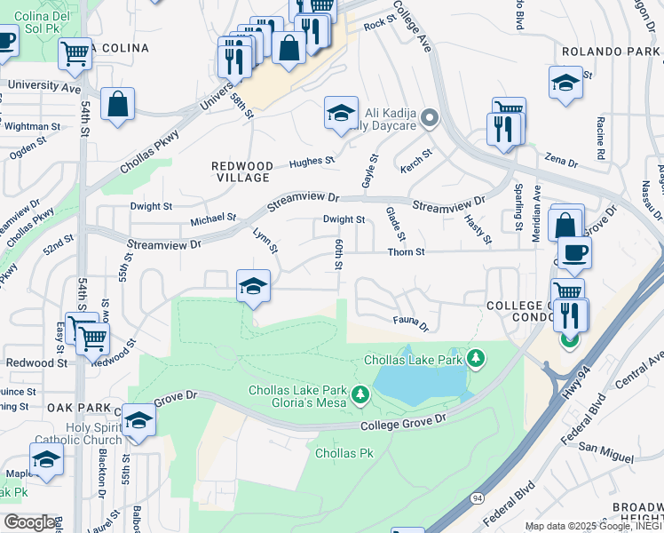 map of restaurants, bars, coffee shops, grocery stores, and more near 5951 Thorn Street in San Diego