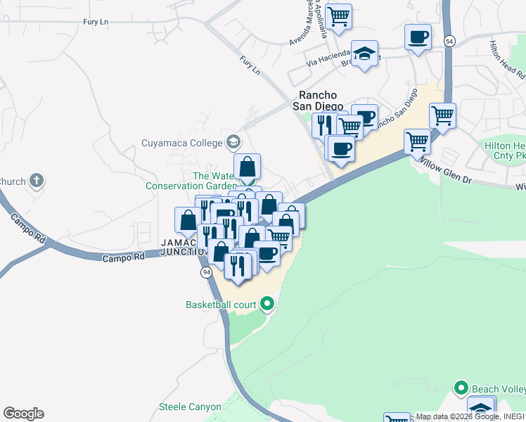 map of restaurants, bars, coffee shops, grocery stores, and more near 12191 Cuyamaca College Drive East in El Cajon