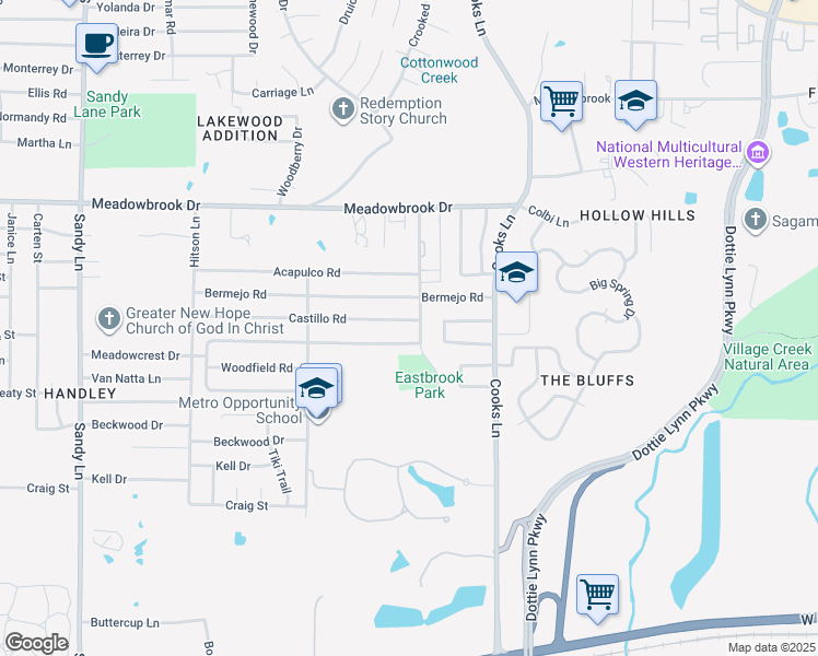 map of restaurants, bars, coffee shops, grocery stores, and more near 7832 Castillo Road in Fort Worth